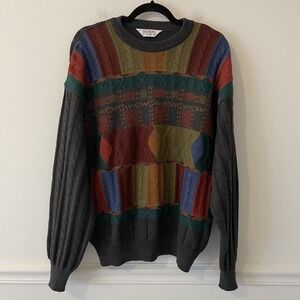 VTG Dalmine Uomo Italy Mens L Wool Cableknit Grandpa Sweater Abstract Patchwork